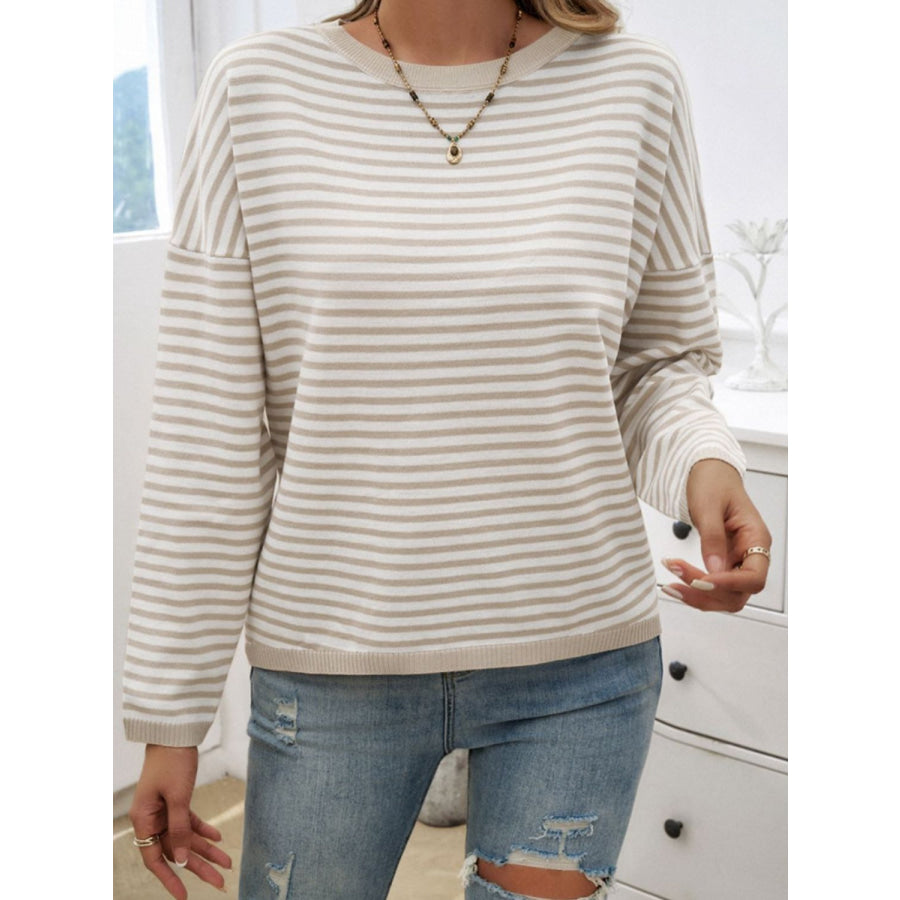 Striped Round Neck Dropped Shoulder Sweater Apparel and Accessories