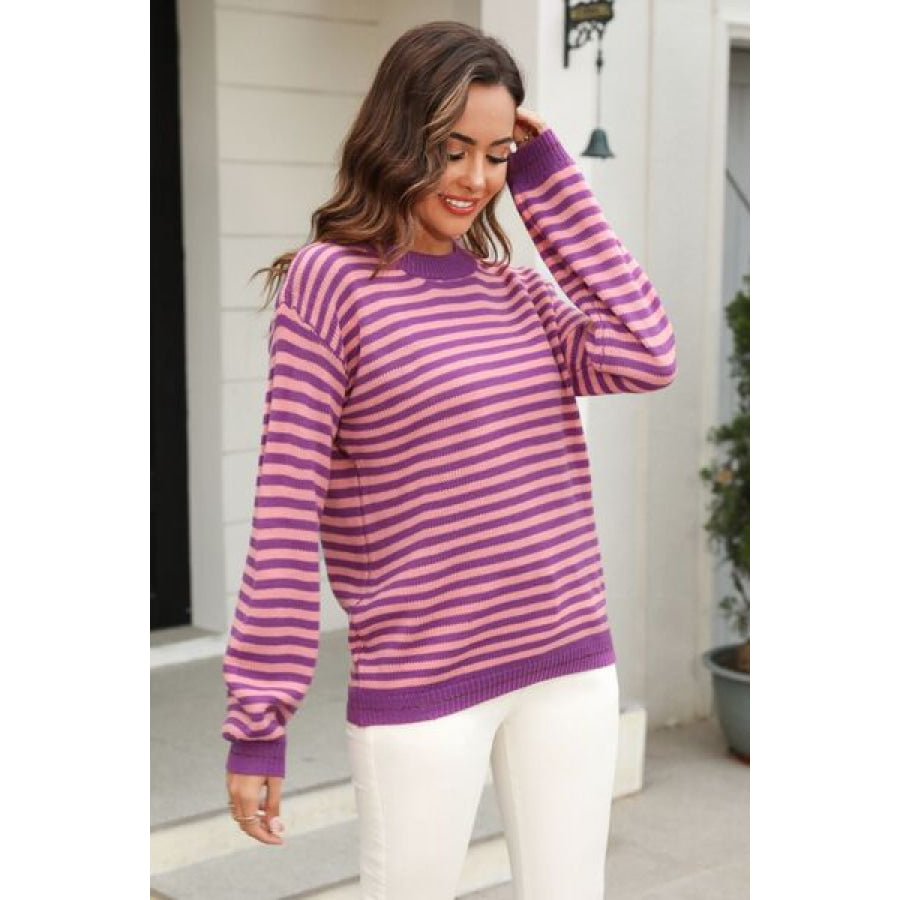 Striped Round Neck Dropped Shoulder Sweater Apparel and Accessories