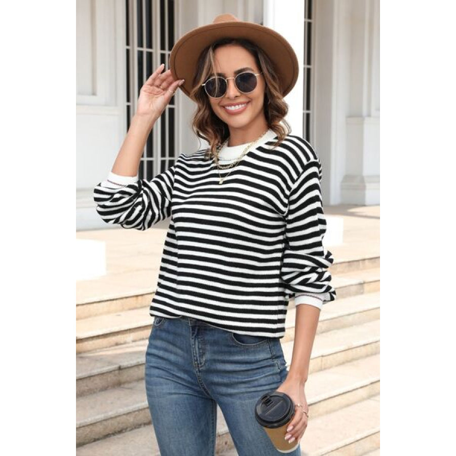 Striped Round Neck Dropped Shoulder Sweater Apparel and Accessories