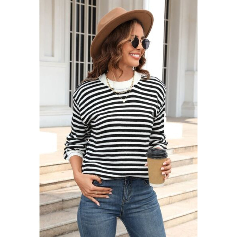 Striped Round Neck Dropped Shoulder Sweater Apparel and Accessories