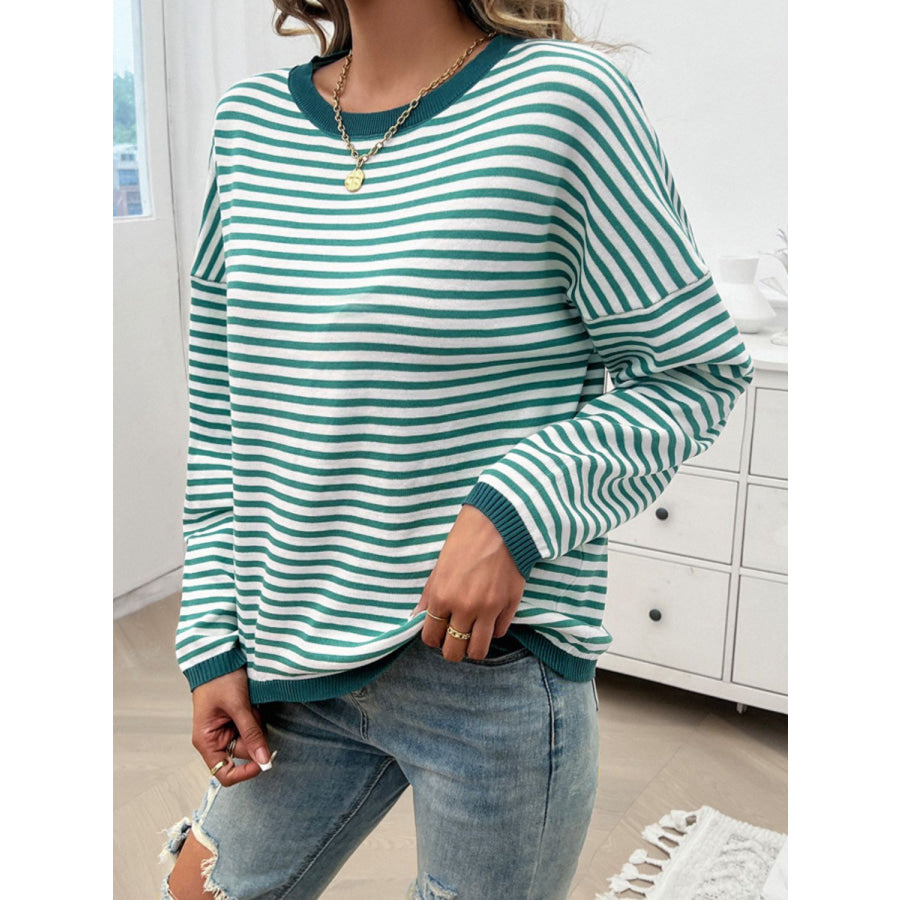 Striped Round Neck Dropped Shoulder Sweater Apparel and Accessories