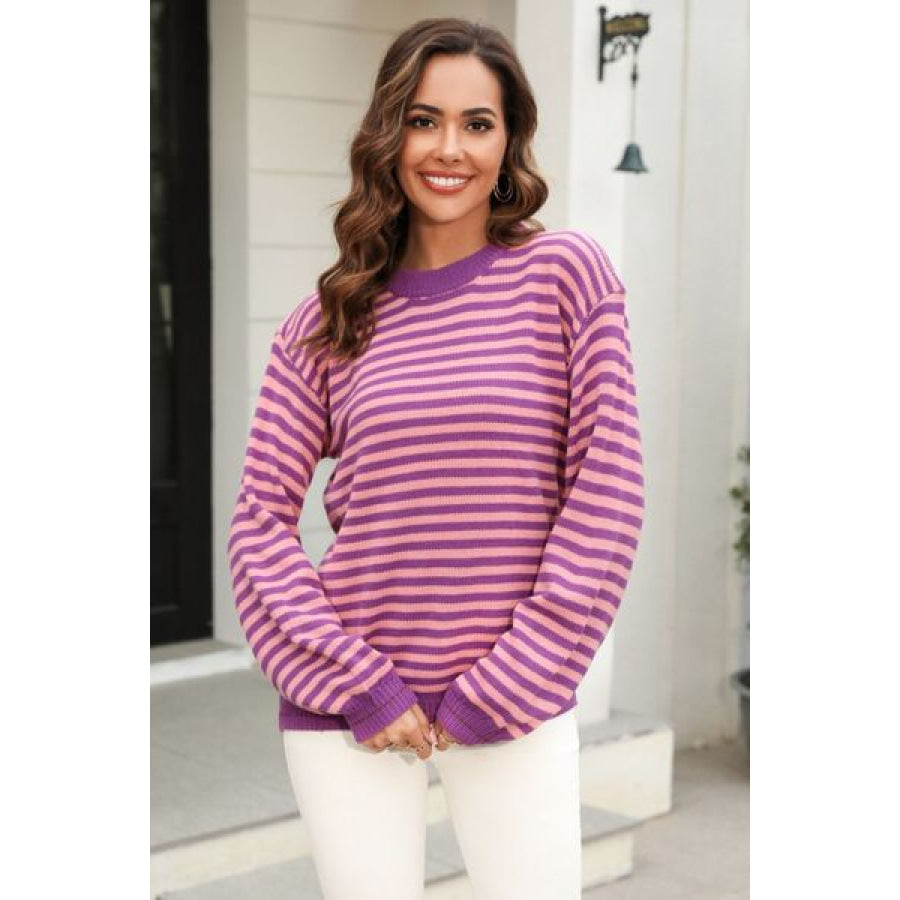 Striped Round Neck Dropped Shoulder Sweater Apparel and Accessories