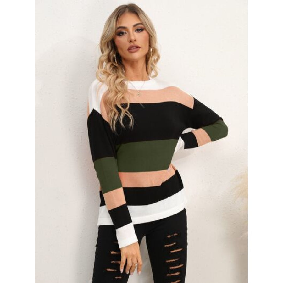 Striped Round Neck Dropped Shoulder Sweater Apparel and Accessories