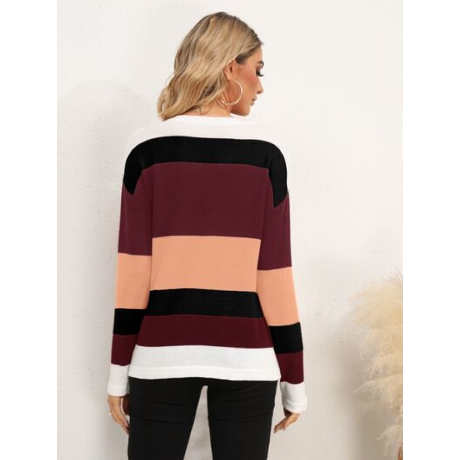 Striped Round Neck Dropped Shoulder Sweater Apparel and Accessories