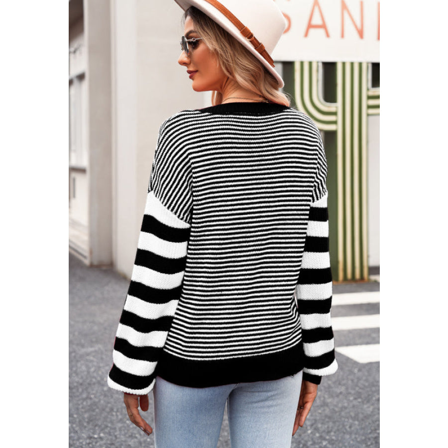 Striped Round Neck Dropped Shoulder Sweater Apparel and Accessories