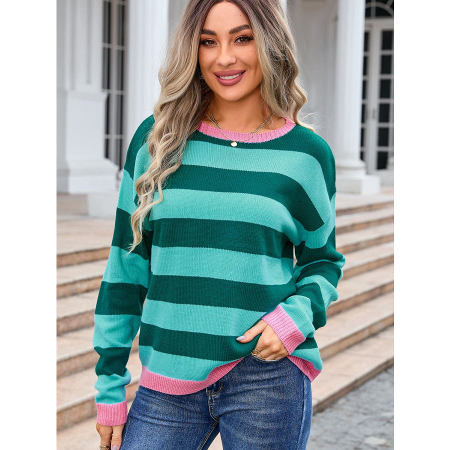 Striped Round Neck Dropped Shoulder Sweater Apparel and Accessories