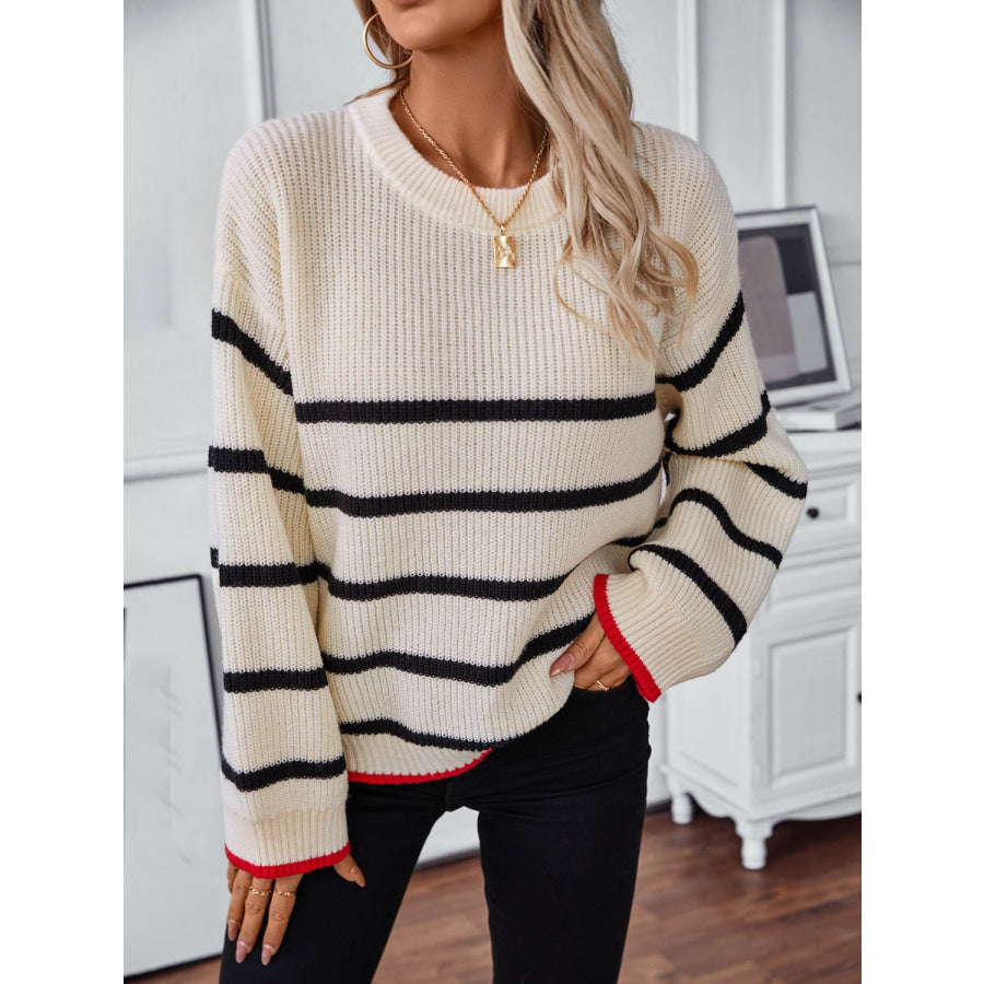 Striped Round Neck Dropped Shoulder Sweater Apparel and Accessories