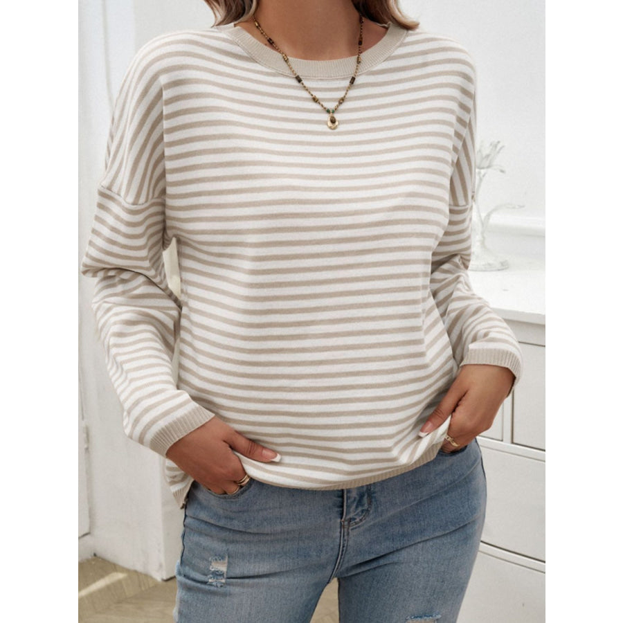 Striped Round Neck Dropped Shoulder Sweater Apparel and Accessories