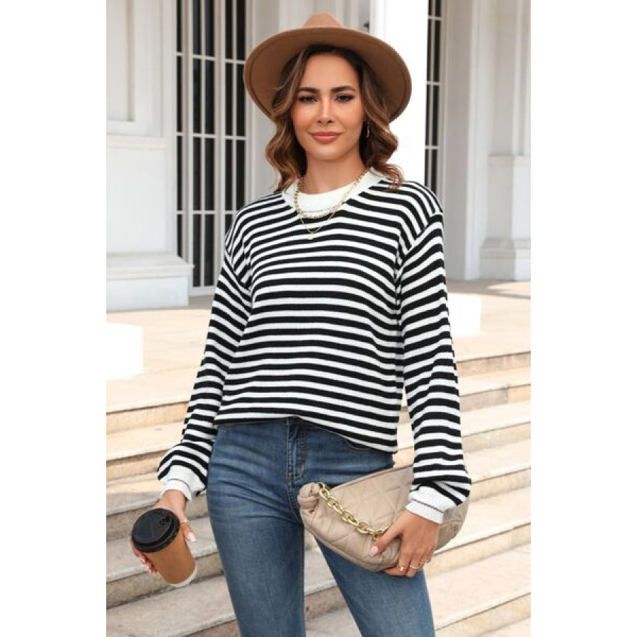 Striped Round Neck Dropped Shoulder Sweater Apparel and Accessories