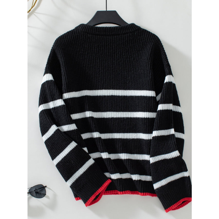 Striped Round Neck Dropped Shoulder Sweater Apparel and Accessories