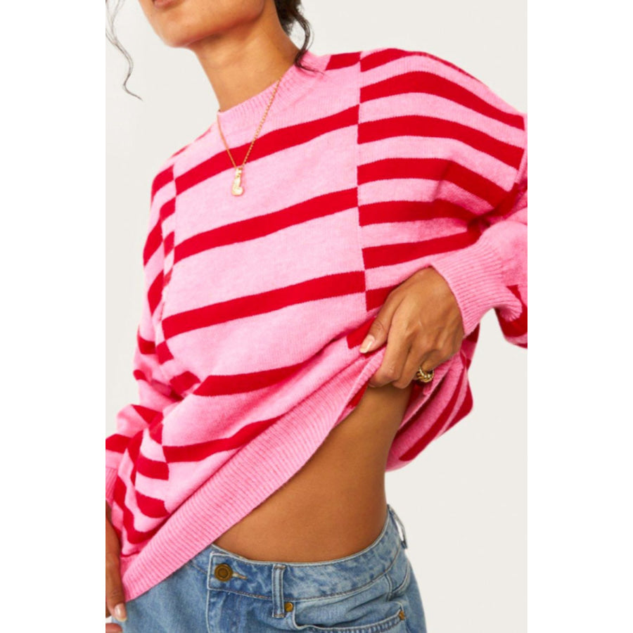 Striped Round Neck Dropped Shoulder Sweater Hot Pink / S Apparel and Accessories
