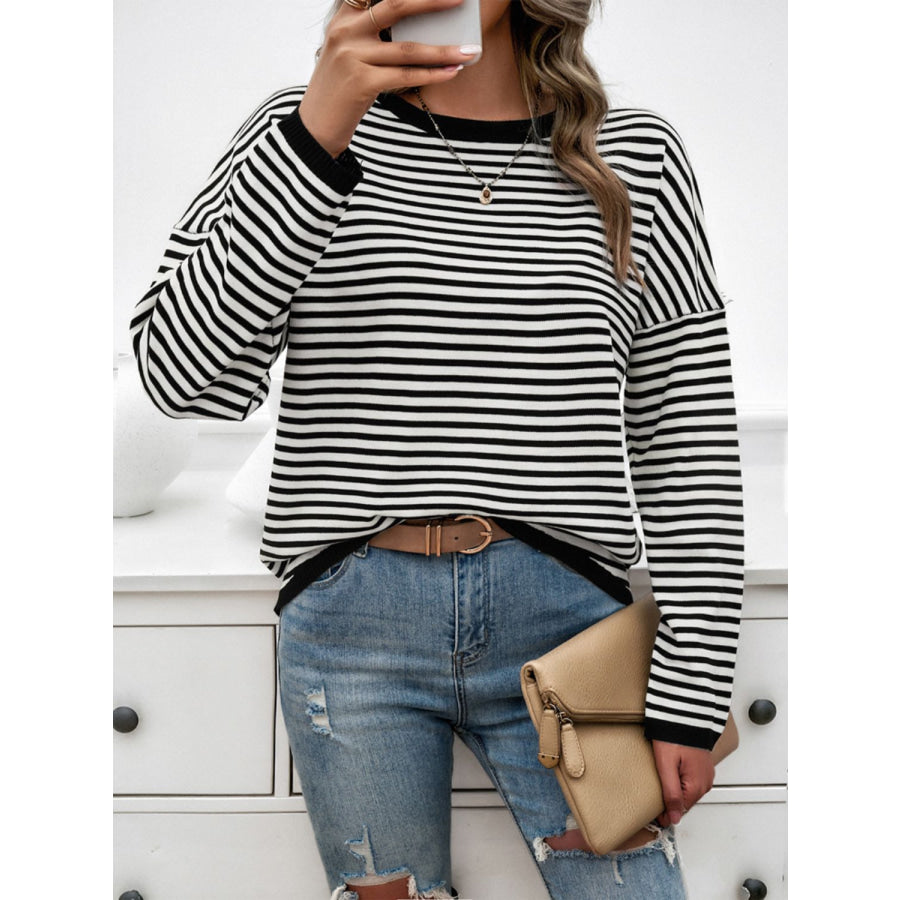 Striped Round Neck Dropped Shoulder Sweater Apparel and Accessories