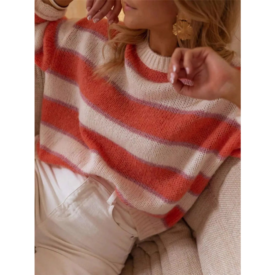 Striped Round Neck Dropped Shoulder Sweater Apparel and Accessories