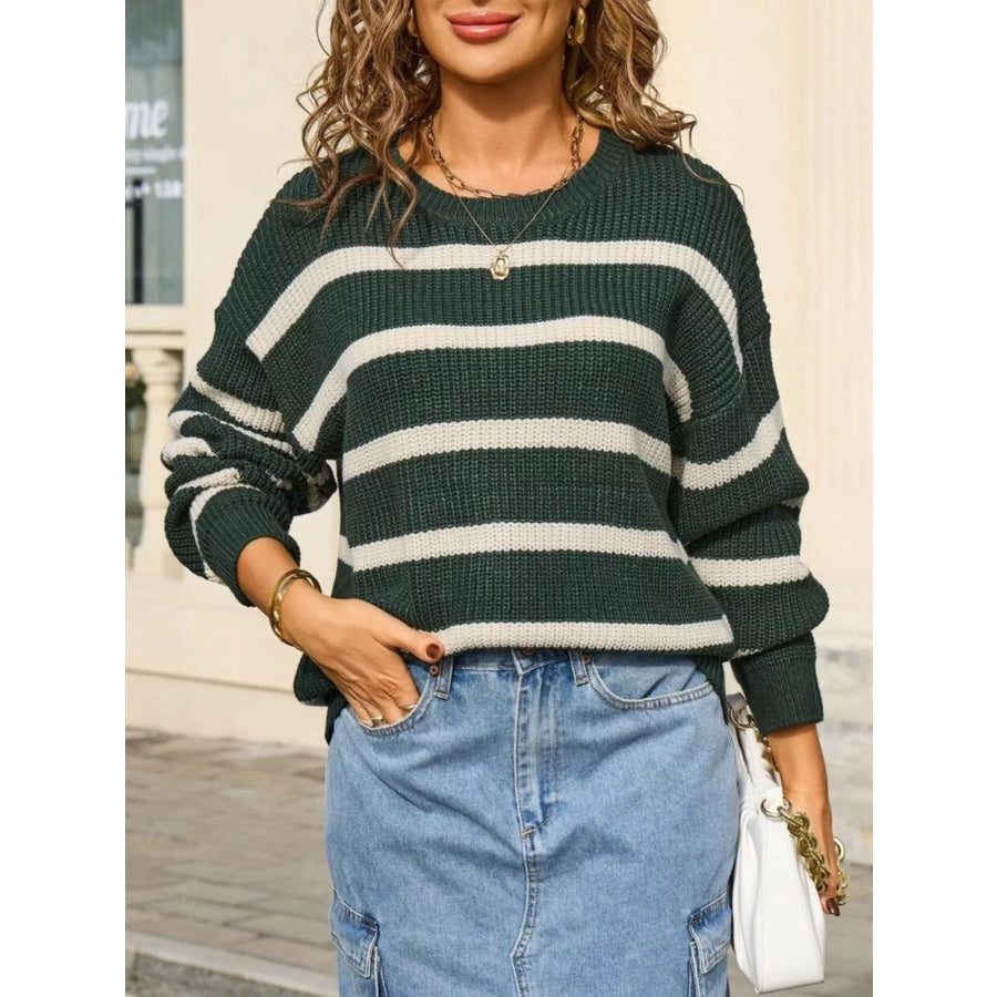 Striped Round Neck Dropped Shoulder Sweater Apparel and Accessories
