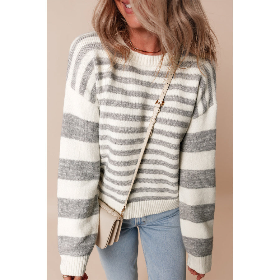 Striped Round Neck Dropped Shoulder Sweater Apparel and Accessories