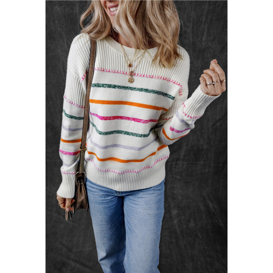 Striped Round Neck Dropped Shoulder Sweater Apparel and Accessories