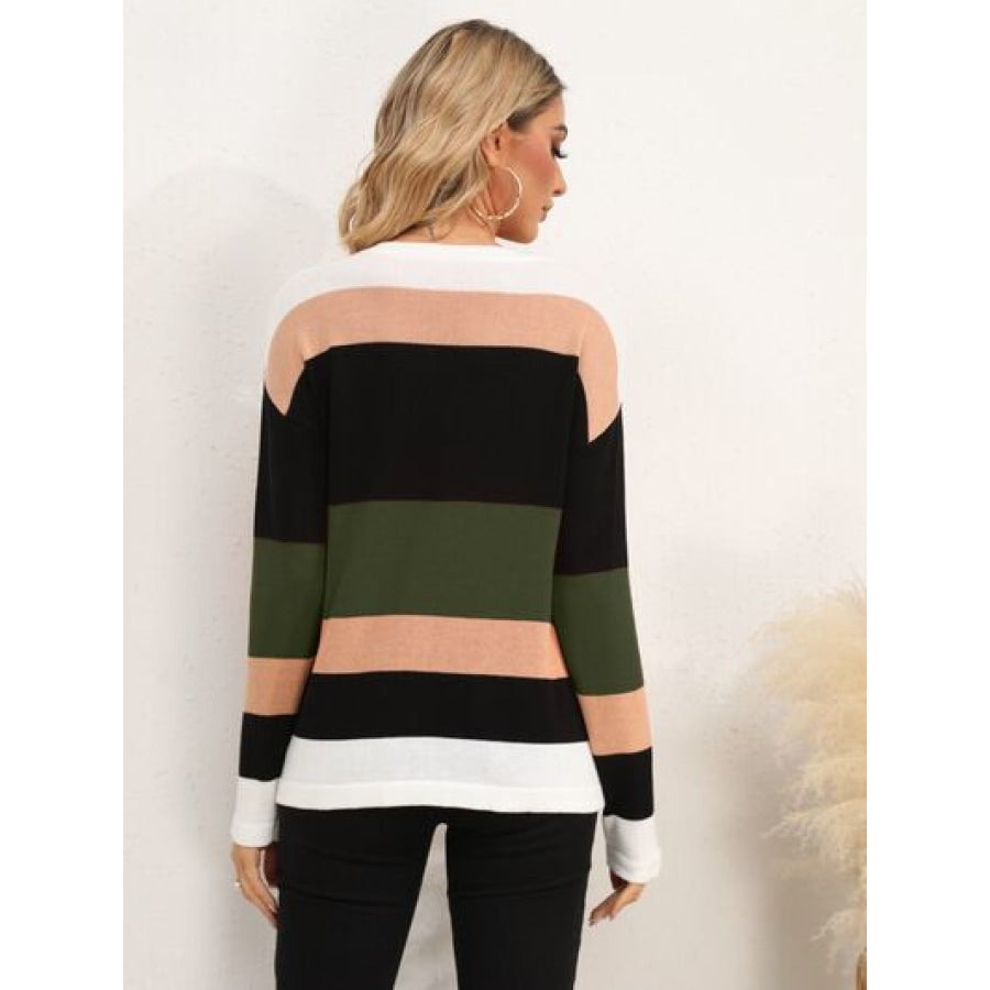 Striped Round Neck Dropped Shoulder Sweater Apparel and Accessories