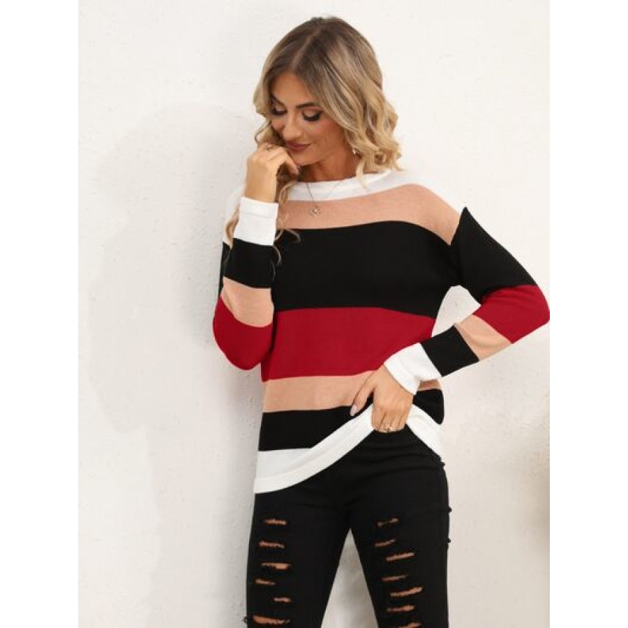 Striped Round Neck Dropped Shoulder Sweater Apparel and Accessories