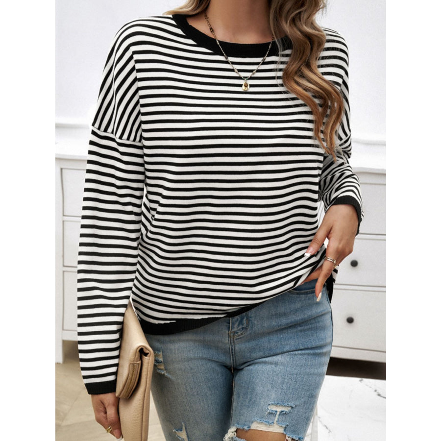 Striped Round Neck Dropped Shoulder Sweater Apparel and Accessories