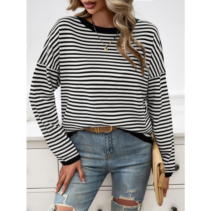 Striped Round Neck Dropped Shoulder Sweater Apparel and Accessories