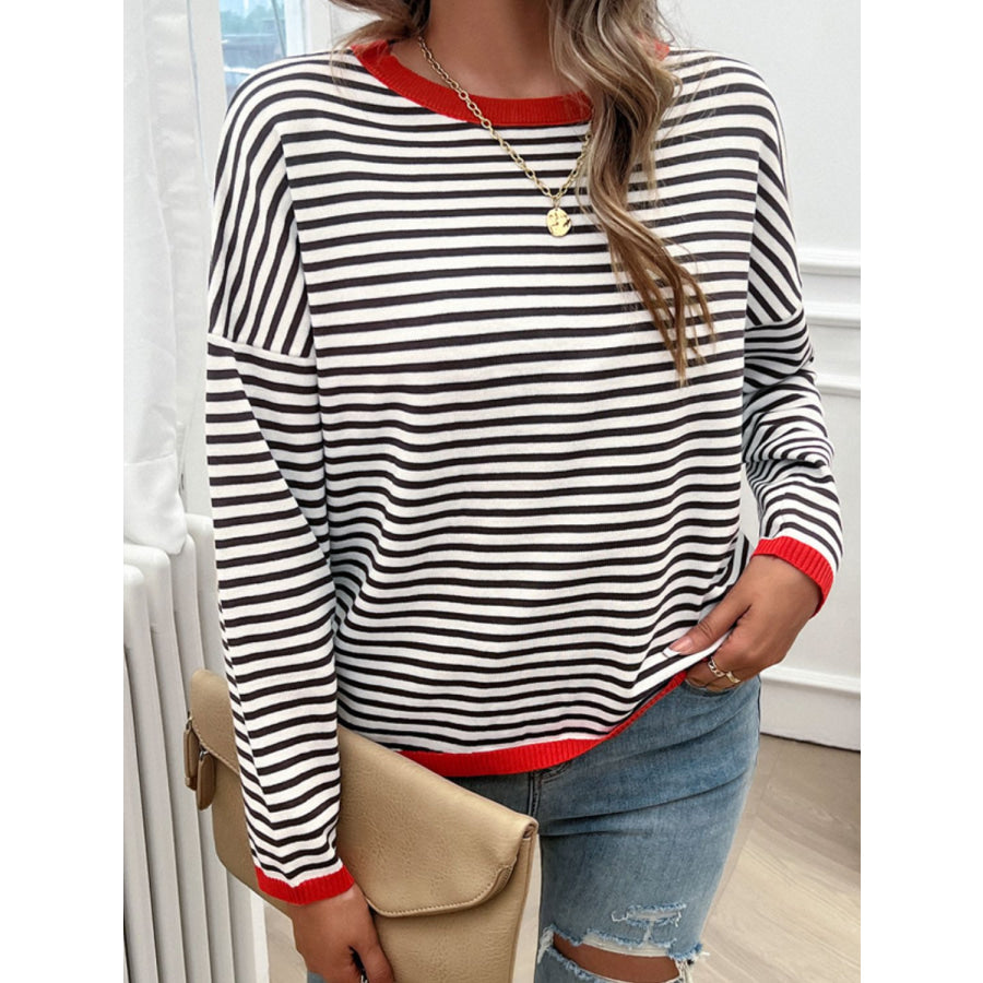 Striped Round Neck Dropped Shoulder Sweater Apparel and Accessories