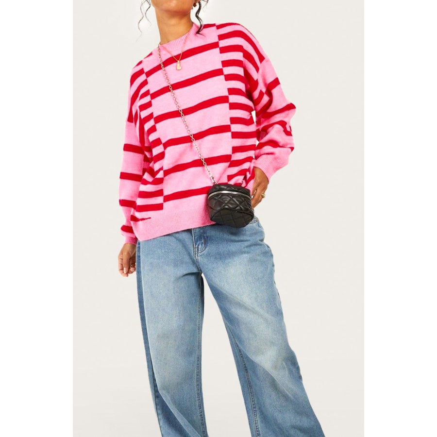 Striped Round Neck Dropped Shoulder Sweater Apparel and Accessories