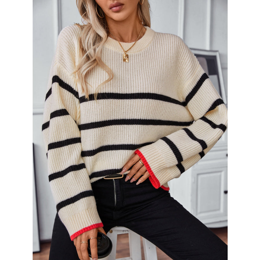 Striped Round Neck Dropped Shoulder Sweater Apparel and Accessories