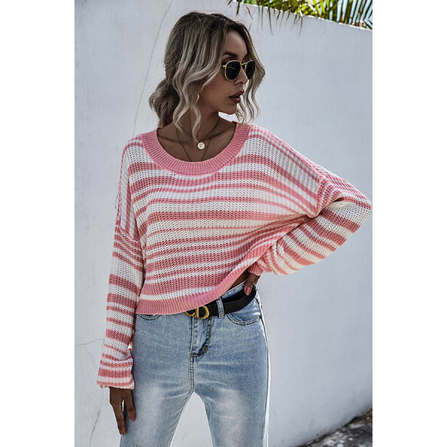 Striped Round Neck Dropped Shoulder Sweater Apparel and Accessories