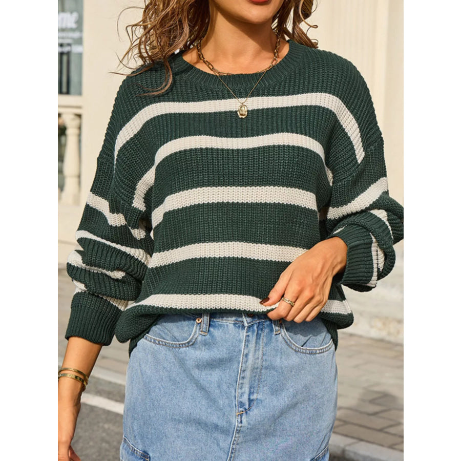 Striped Round Neck Dropped Shoulder Sweater Apparel and Accessories