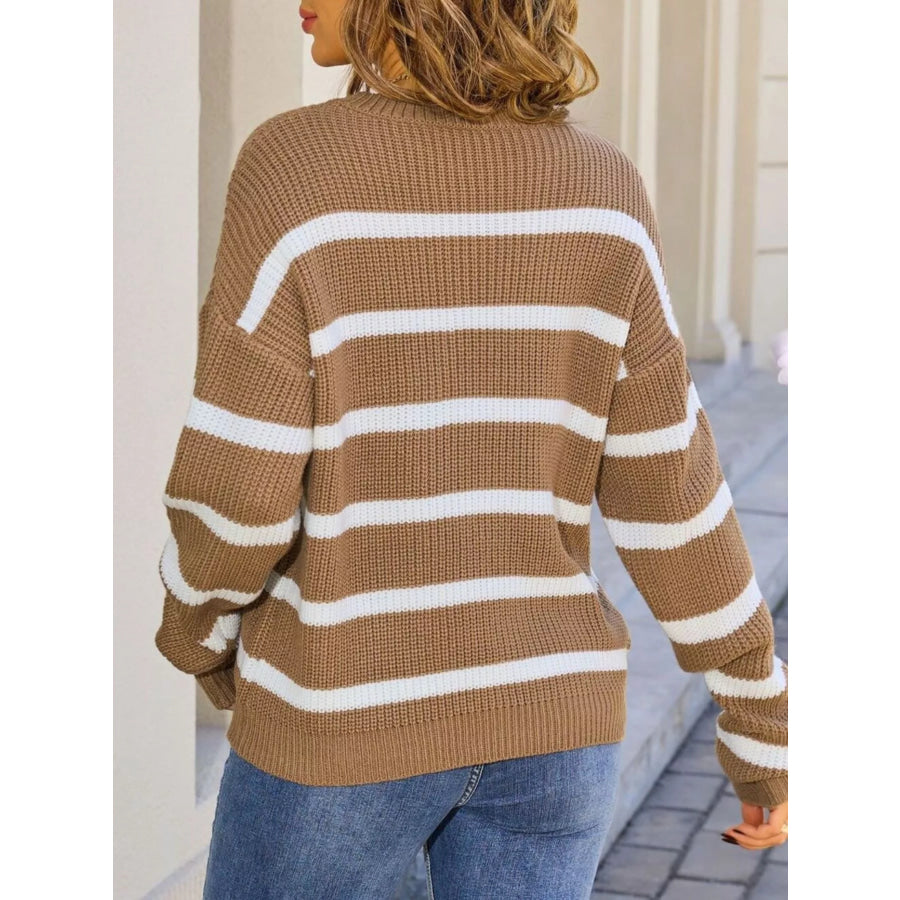 Striped Round Neck Dropped Shoulder Sweater Apparel and Accessories