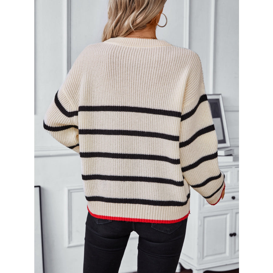 Striped Round Neck Dropped Shoulder Sweater Apparel and Accessories