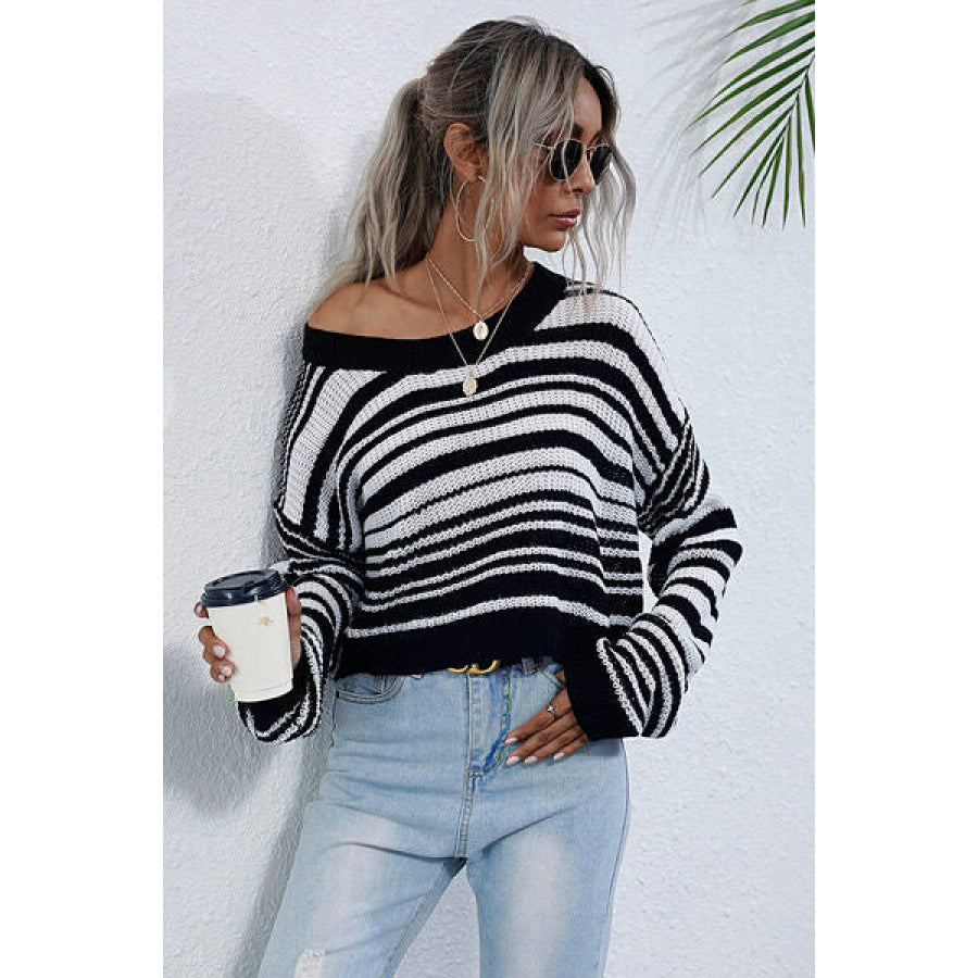 Striped Round Neck Dropped Shoulder Sweater Apparel and Accessories