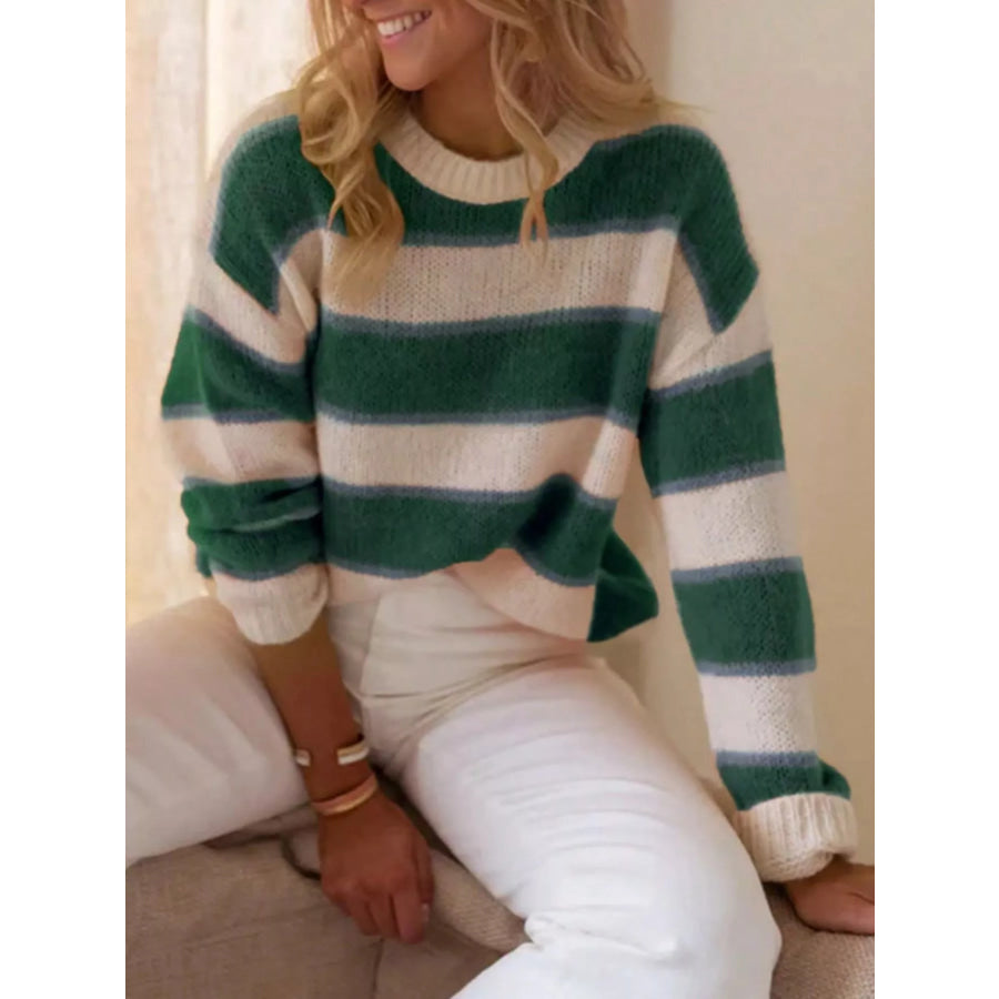 Striped Round Neck Dropped Shoulder Sweater Army Green / S Apparel and Accessories