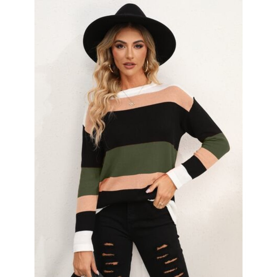 Striped Round Neck Dropped Shoulder Sweater Army Green / S Apparel and Accessories