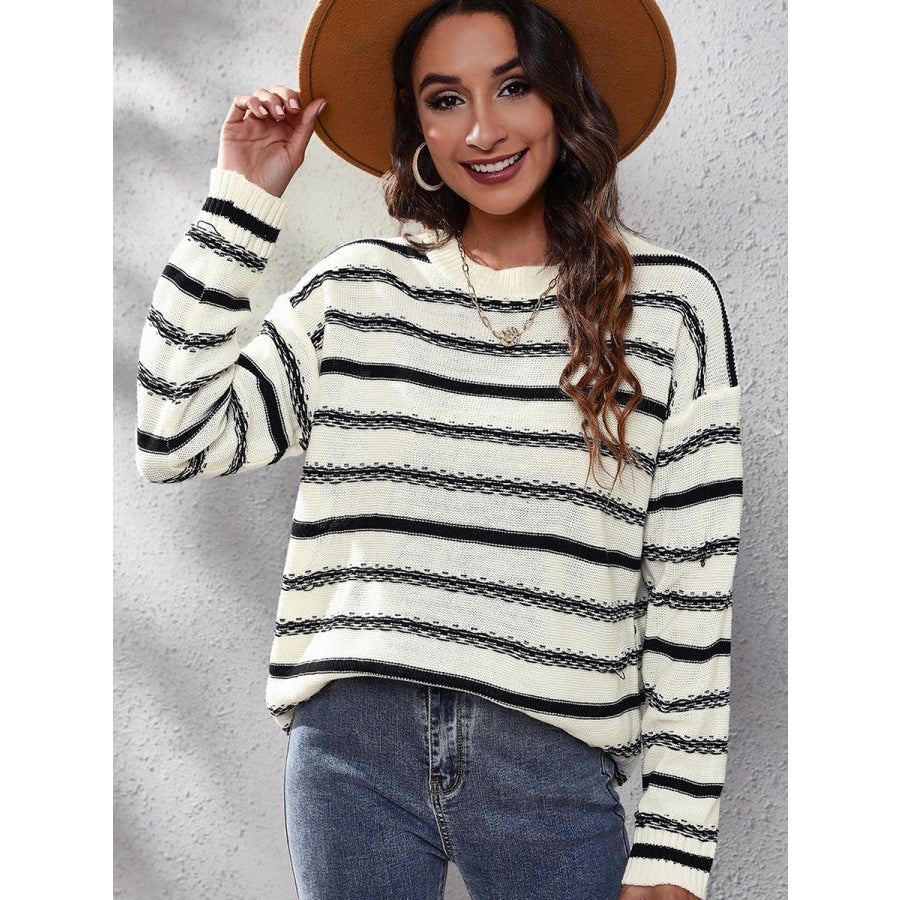 Striped Round Neck Dropped Shoulder Sweater Beige / S