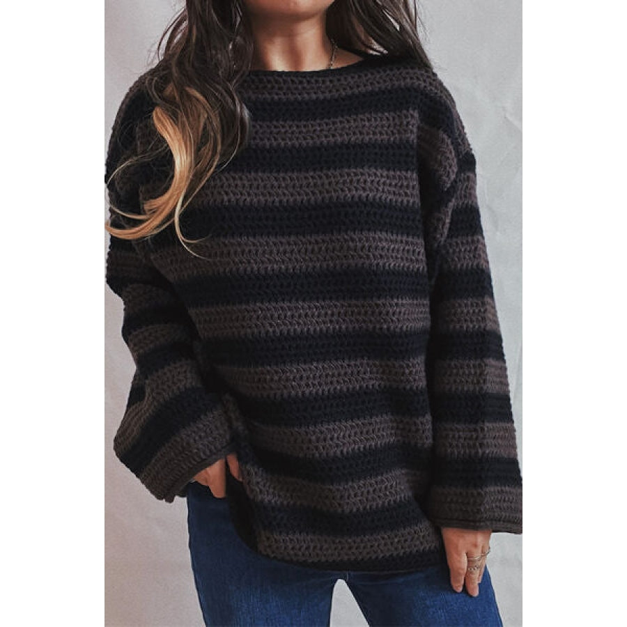 Striped Round Neck Dropped Shoulder Sweater Black / One Size Clothing