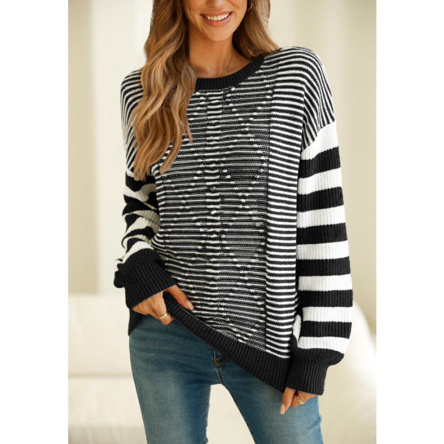 Striped Round Neck Dropped Shoulder Sweater Black / S Apparel and Accessories