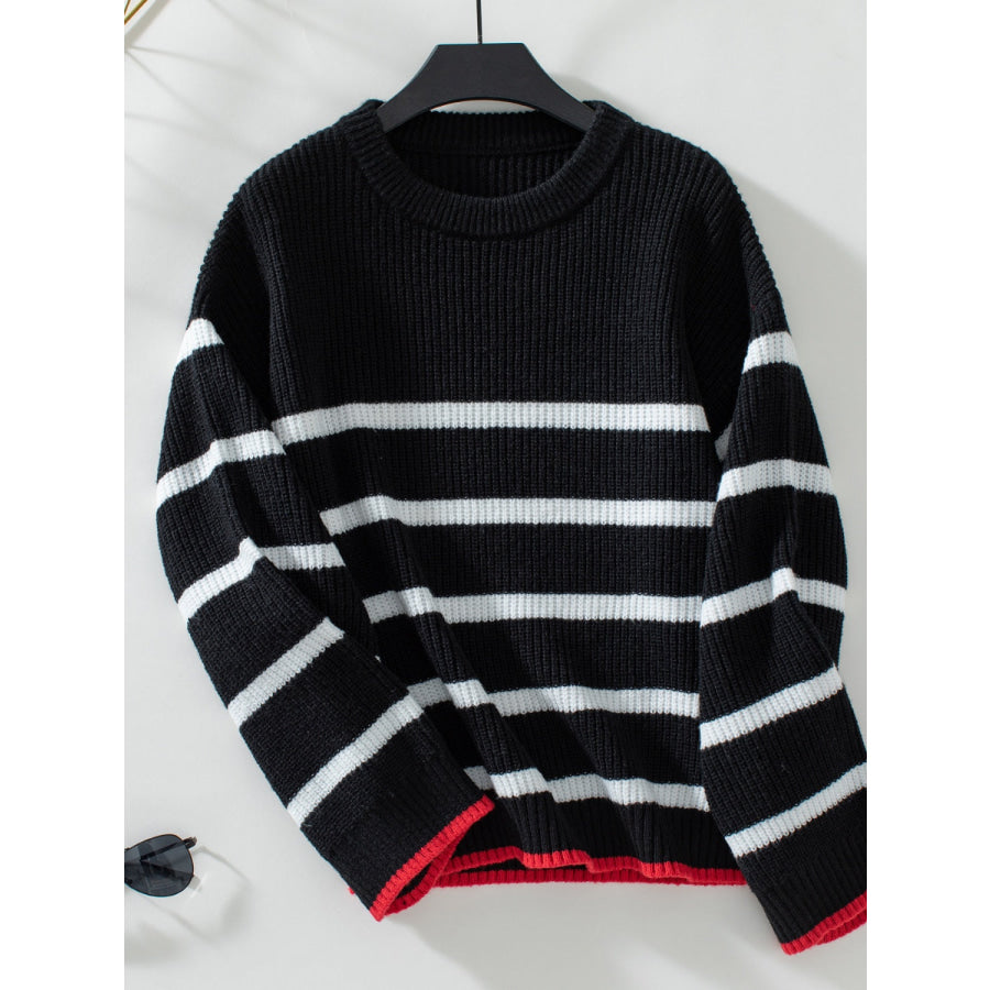 Striped Round Neck Dropped Shoulder Sweater Black / S Apparel and Accessories