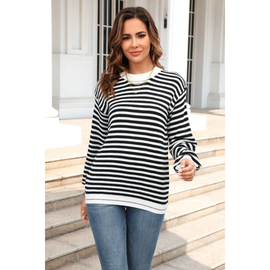 Striped Round Neck Dropped Shoulder Sweater Black / S Apparel and Accessories