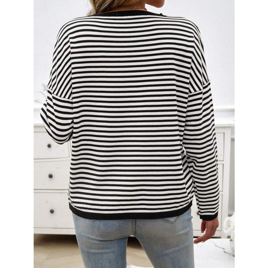 Striped Round Neck Dropped Shoulder Sweater Black / S Apparel and Accessories