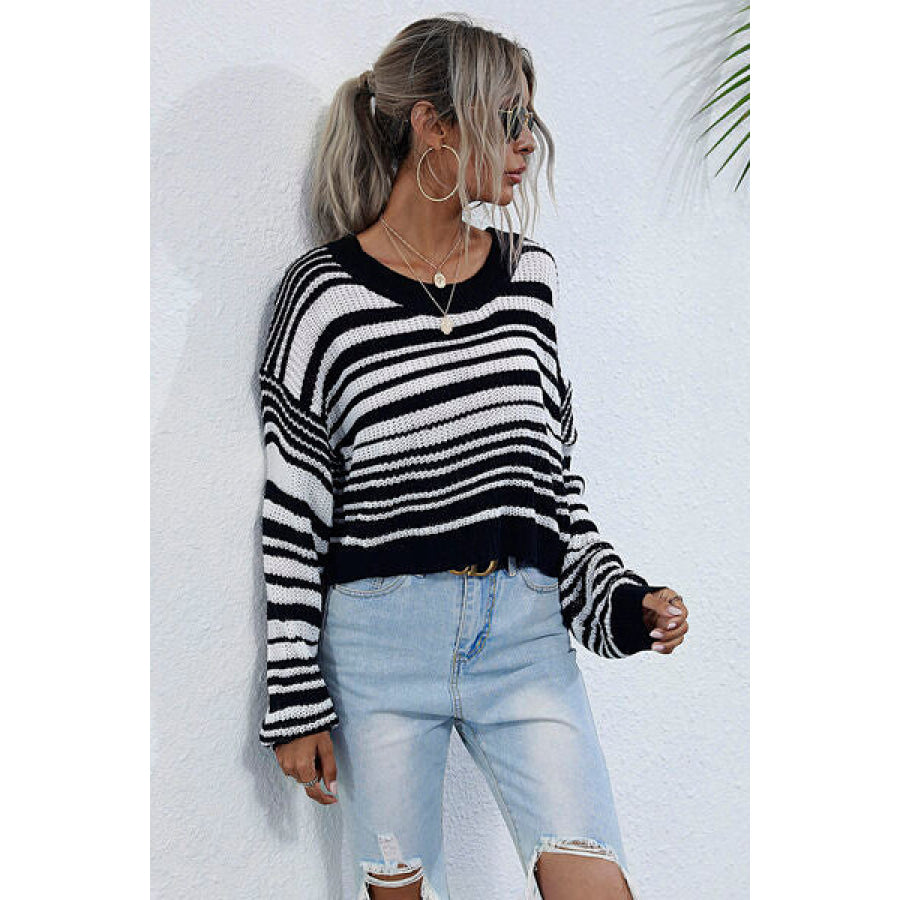 Striped Round Neck Dropped Shoulder Sweater Black / S Apparel and Accessories