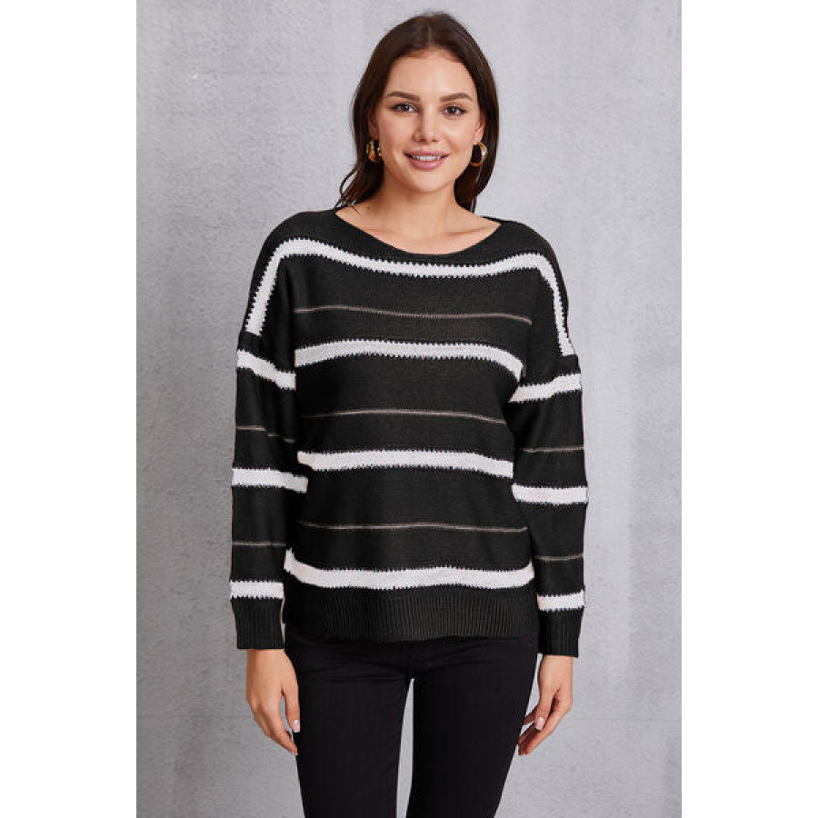 Striped Round Neck Dropped Shoulder Sweater Black / S Clothing