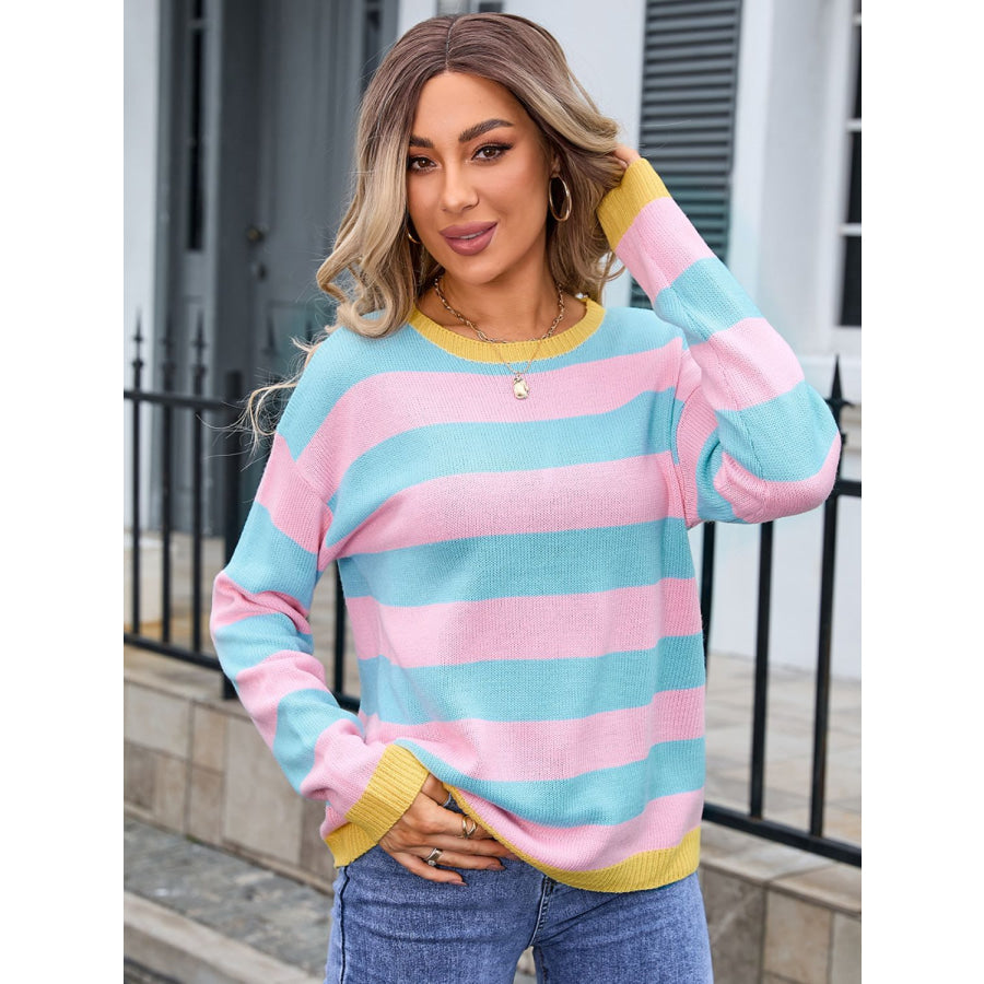 Striped Round Neck Dropped Shoulder Sweater Blush Pink / S Apparel and Accessories