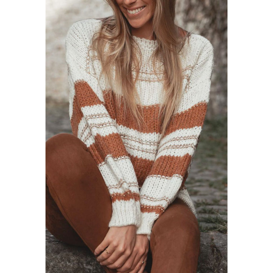 Striped Round Neck Dropped Shoulder Sweater Camel / S Apparel and Accessories