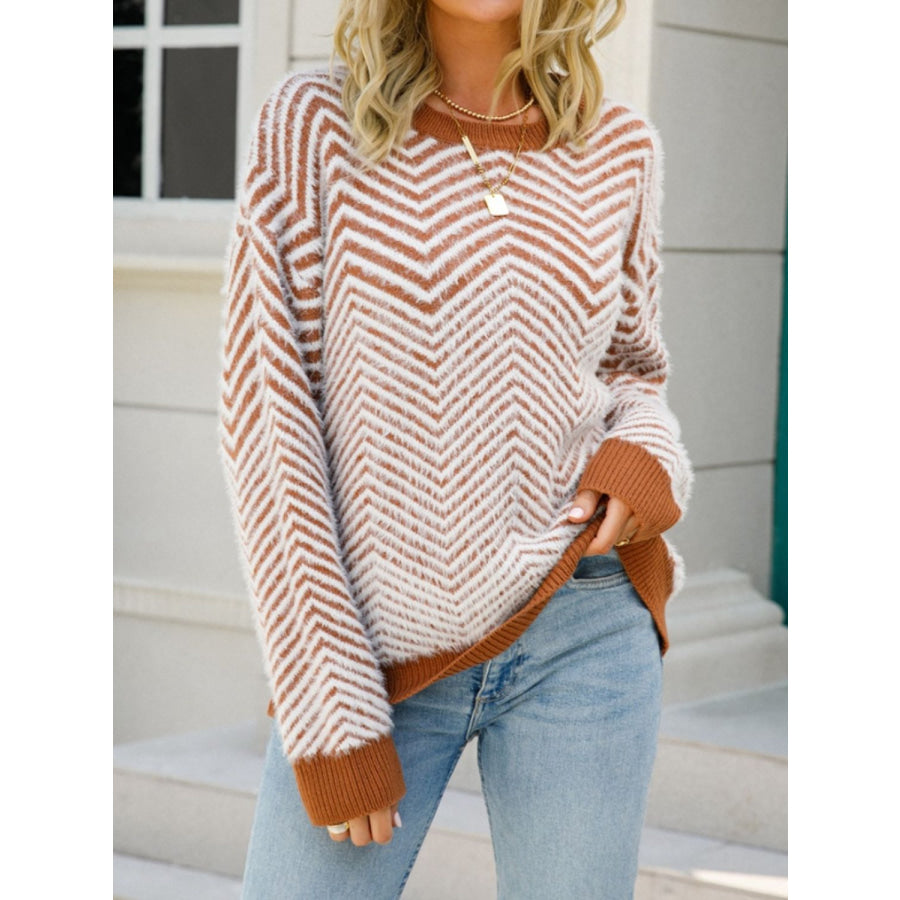 Striped Round Neck Dropped Shoulder Sweater Caramel / S Apparel and Accessories
