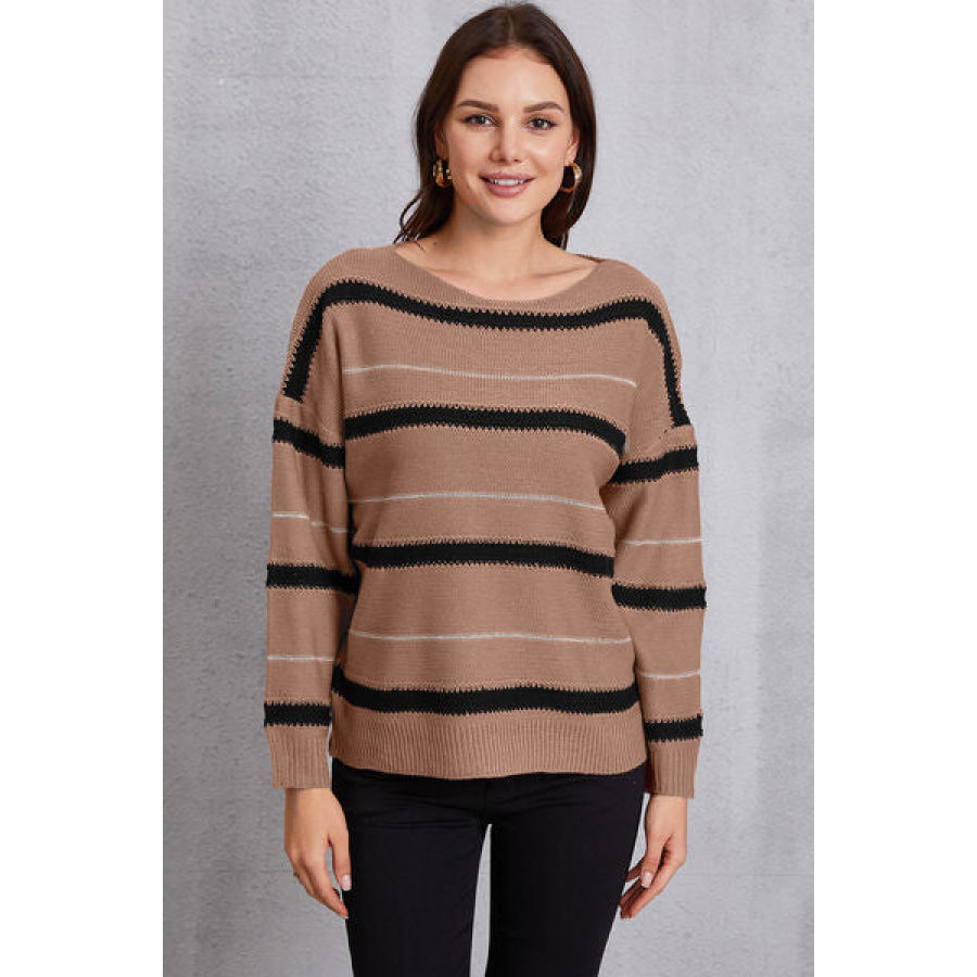 Striped Round Neck Dropped Shoulder Sweater Chestnut / S Clothing