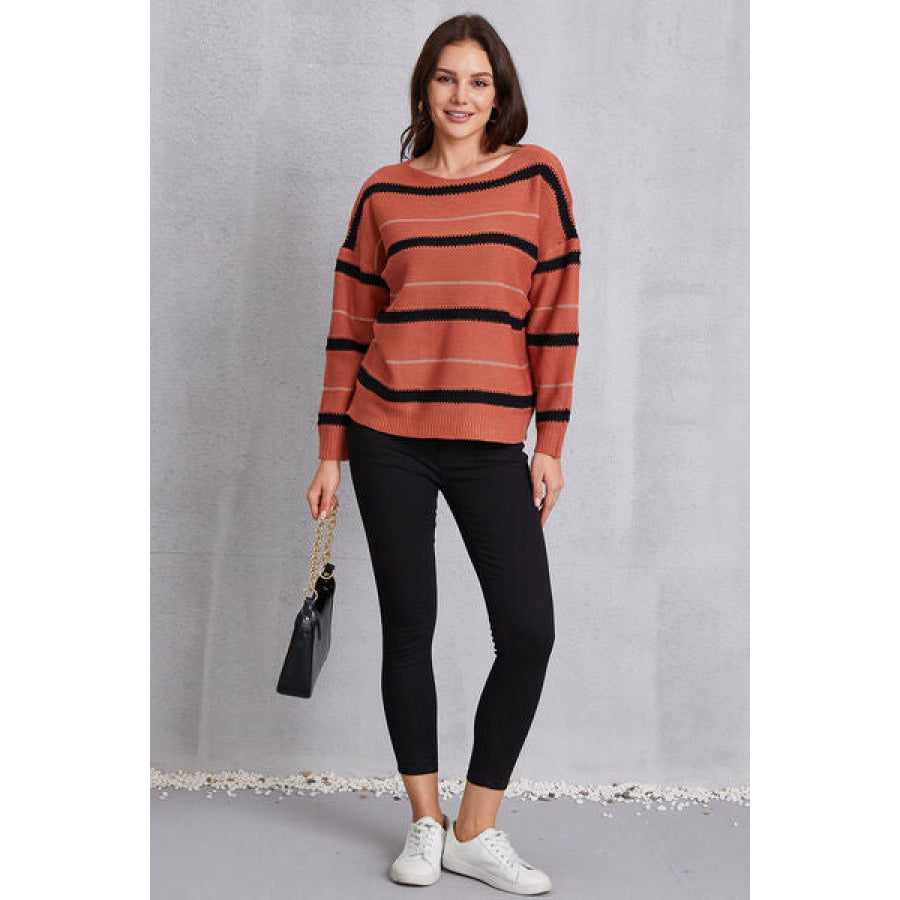 Striped Round Neck Dropped Shoulder Sweater Clothing