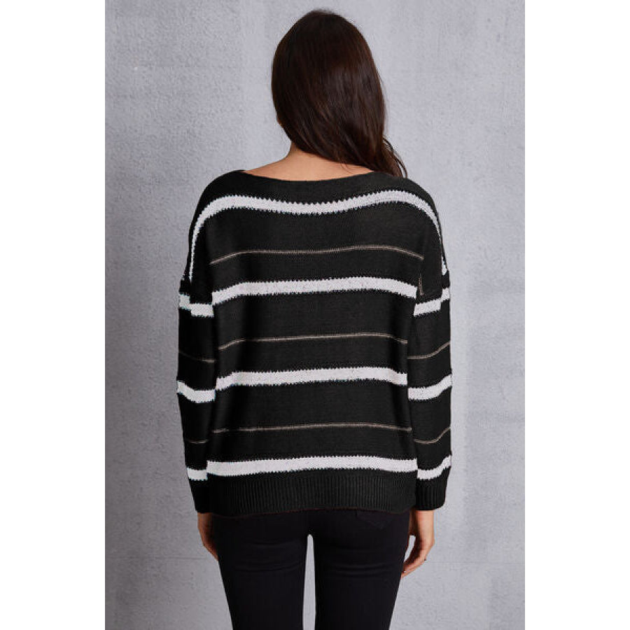 Striped Round Neck Dropped Shoulder Sweater Clothing