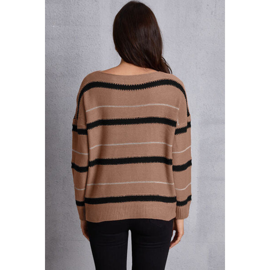 Striped Round Neck Dropped Shoulder Sweater Clothing