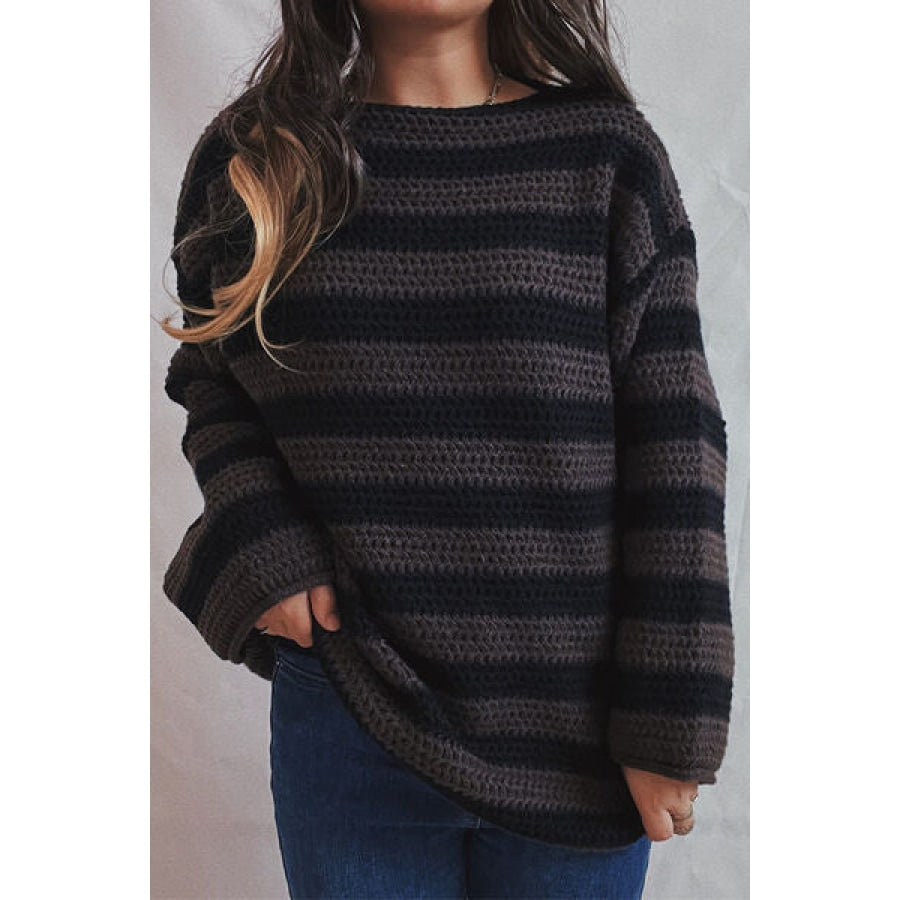 Striped Round Neck Dropped Shoulder Sweater Clothing